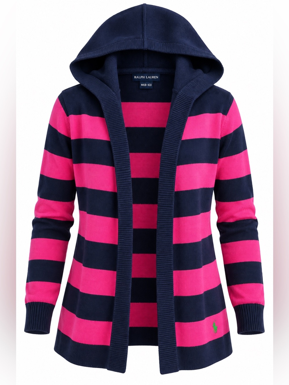 Ralph Lauren Girls Pink/Navy
Striped Hooded Open Front
Cardigan Sweater, M 8-10